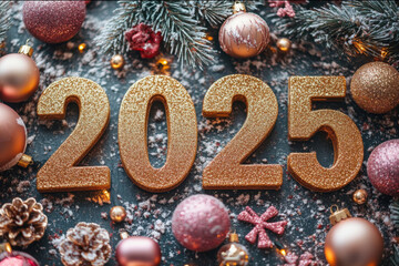 Christmas background with sign that says 2025 on it. Scene is festive and joyful New Year