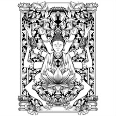 Fototapeta premium black and white Intricate Buddha and Lotus Mandala Line Art Illustration