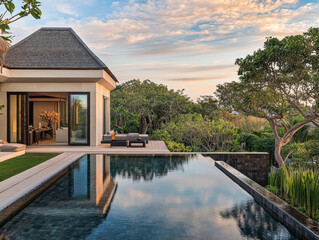 Obraz premium Luxury villa with infinity pool overlooking lush greenery during sunset in a tropical paradise