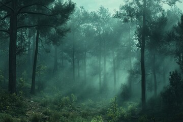 Obraz premium A misty forest path with tall trees and dense foliage.