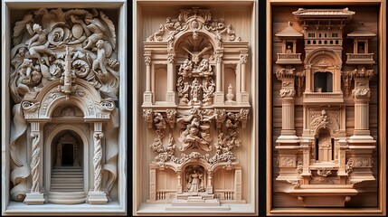 Fototapeta premium Three-panel display of architectural details; intricate Romanesque stone carvings in the first, ornate Victorian embellishments in the middle,