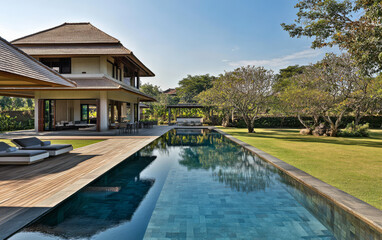 Luxurious villa with a serene swimming pool surrounded by lush greenery on a sunny day