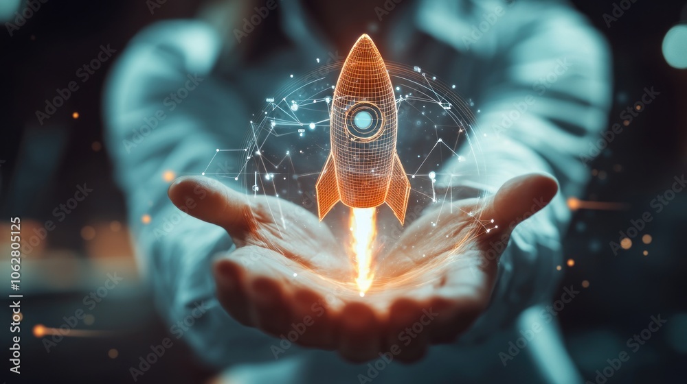 Poster a person holds a glowing rocket ship with connected lines representing growth and innovation.