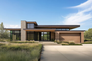 Fototapeta premium Modern architectural design of a spacious house surrounded by natural landscape in daytime