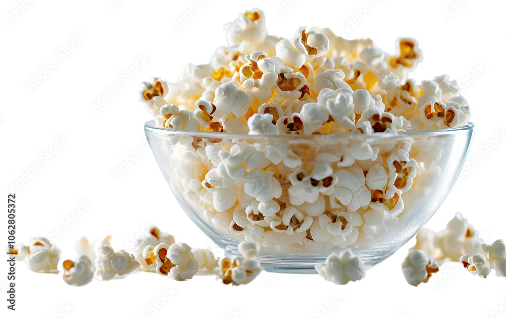Poster 3D rendering of crunchy buttered popcorn close-up, isolated on transparent background with rich texture and shading