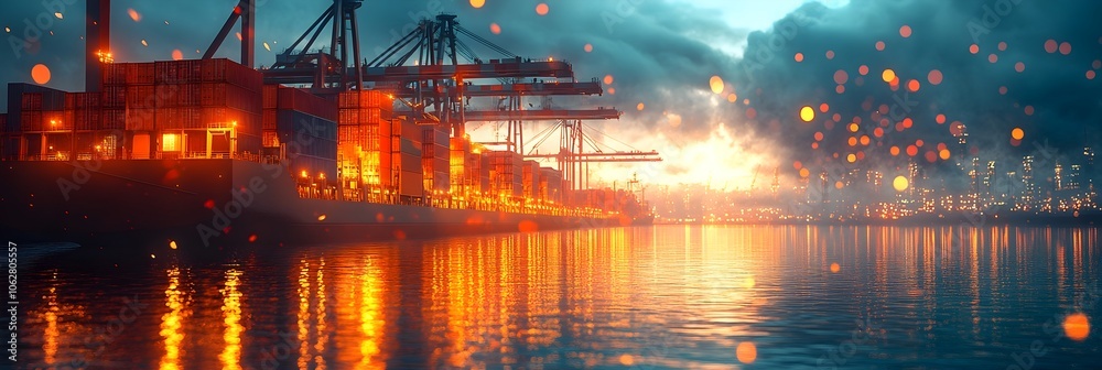 Poster dramatic nighttime view of a bustling seaport with massive cargo cranes and stacks of illuminated sh