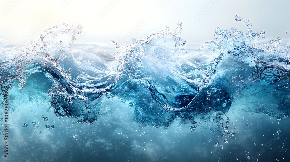 Poster Dynamic image of a powerful,blue ocean wave crashing and surging with splashing foam,water motion,and turbulent flow. Concept of the raw energy and force of nature in a coastal,marine environment.