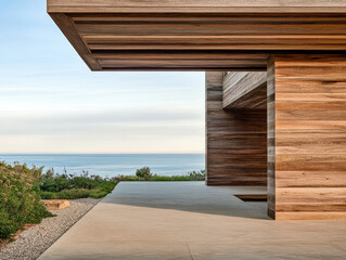 Fototapeta premium Modern wooden architecture with ocean view at sunset in a coastal setting
