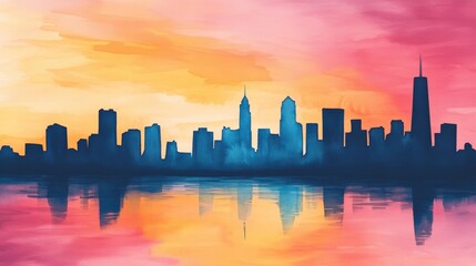 Fototapeta premium Vibrant watercolor skyline at sunset with reflections