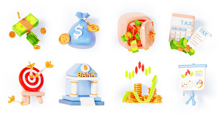Business and finance 3d render icon set. Isolated bank building exterior, target, money bag, tax calculator, payment bill, white board with growth graph, safe box with coin and cash. 3D illustration