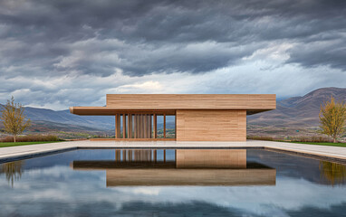 Modern wooden structure beside a tranquil reflecting pool in a mountainous landscape at dusk