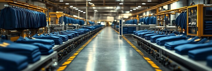 Fototapeta premium Expansive organized industrial warehouse interior with rows of blue metal shelves and stacked boxes.