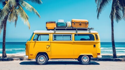 A yellow vintage van with luggage on the roof parked on a sandy beach with blue ocean and palm trees in the background.