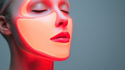 Obraz premium A serene figure with closed eyes, illuminated by glowing red and orange lights, highlights a modern facial treatment or beauty procedure.