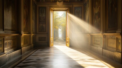 A sunbeam shines through an open doorway in a grand hallway with paintings on the walls, leading to a garden outside.