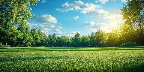 Obraz premium Beautiful blurred background image of spring nature with a neatly trimmed lawn surrounded by trees against a blue sky with clouds on a bright sunny day. 