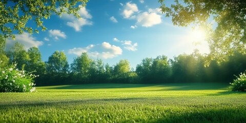 Beautiful blurred background image of spring nature with a neatly trimmed lawn surrounded by trees against a blue sky with clouds on a bright sunny day.	
