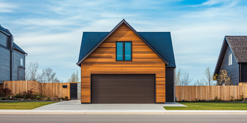 Obraz premium Modern wooden house with a garage in a suburban neighborhood on a clear day