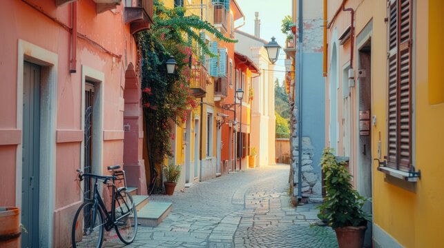 Fototapeta Narrow streets of a fishing village with colorful houses and bicycles in the morning.