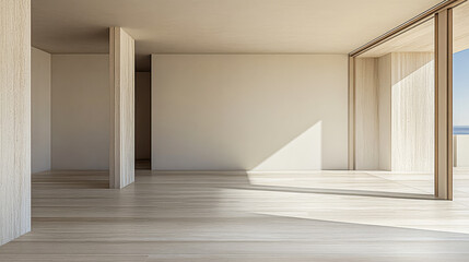 Fototapeta premium Minimalist interior of a modern house with large windows and natural light in the afternoon