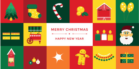 Christmas and new year banner. Xmas background. Color pattern with Christmas icons. Vector illustration