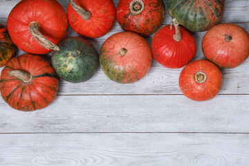 Thanksgiving colorful pumpkins on white wooden table background. October, November holiday, harvest season, fall celebration. Top view, festive template  with copy space