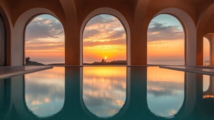 Fototapeta premium A stunning view of a sunrise over the ocean, seen through three arched windows from a luxury hotel pool.