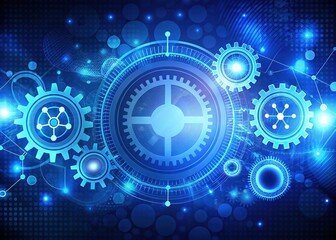 A dynamic blue mechanical background features medical symbols, intricate gears, dotted accents, and linear particle patterns, creating an innovative and modern healthcare-themed design.