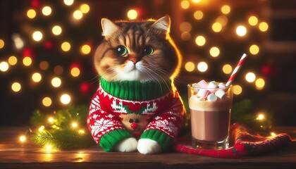 Adorable cat wearing a festive red and green Christmas sweater with a reindeer pattern, sitting by a glass of hot chocolate topped with marshmallows and a striped straw.