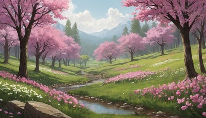 Spring Landscape Illustration – Blooming Trees and Vibrant Flowers in a Serene Nature Scene