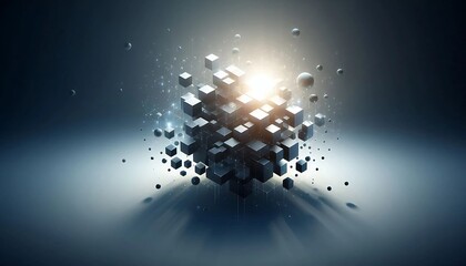 Abstract 3D futuristic composition featuring floating cubes and particles, illuminated by a soft, ethereal light. Perfect for technology, digital concepts, and modern art visuals.