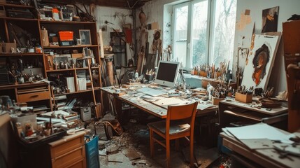 A messy art studio with paintbrushes, canvases, and other art supplies on a table and shelves.