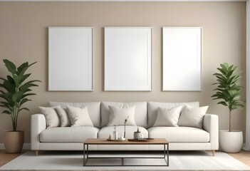 Fototapeta premium A modern living room with a beige sofa, beige throw pillows, and three empty white frames on the wall.