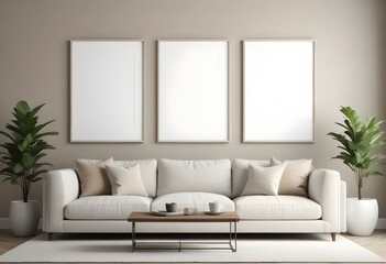 A modern living room with a beige sofa, beige throw pillows, and three empty white frames on the wall.