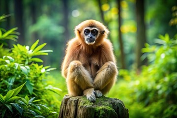 Obraz premium A Lar Gibbon perched atop a weathered tree stump, a serene portrait of wildlife.