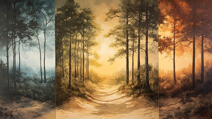 Naklejka premium Three-stage landscape from forest to desert; dense woodland with cool light in the first, dry and shrinking forest in the middle, and open desert sands under intense sun in the third,