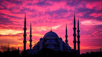 Obraz premium A majestic mosque silhouetted against a vibrant pink and orange sunset sky.
