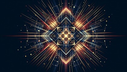 Futuristic abstract geometric design with radiant, golden rays and intricate patterns, creating a mesmerizing symmetry. Perfect for technology, sci-fi, or digital artwork themes.
