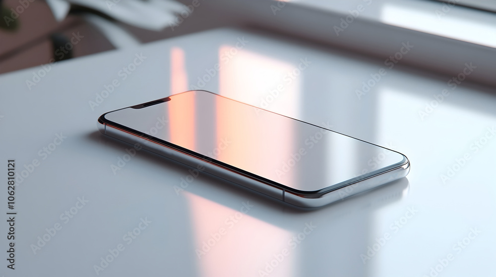 Poster high-end smartphone device floating gracefully against a pristine white background,showcasing its sl