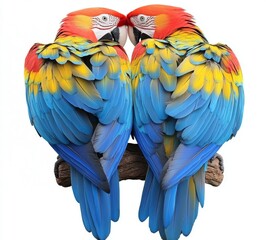 Obraz premium Blue and yellow macaws in a tender moment on a white backdrop.