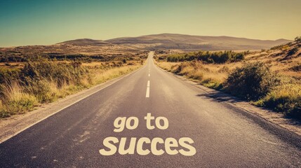 A long, empty road with the words "go to succes" written on it. The road stretches into the distance, with hills and a blue sky in the background.