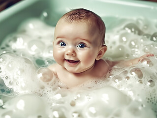 Adorable Baby Enjoying a Bath with Playful Bubbles