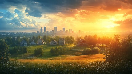 Naklejka premium Urban vs. Nature series; first panel showing a quiet rural scene with farmland and open fields, middle with suburban houses and tree-lined streets, and third with a dramatic, high-rise skyline,