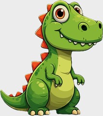 a cheerful and cartoonish dinosaur. The dinosaur is primarily green with a lighter shade of green on its belly and a row of orange spikes running down its back. Its eyes are large and expressive, with