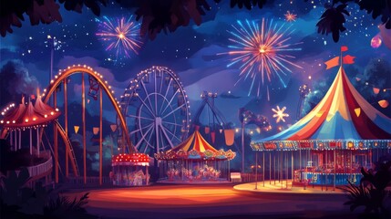 Fireworks illuminate the summer night sky over an amusement park.