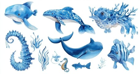 A vibrant watercolor collection featuring diverse sea animals.