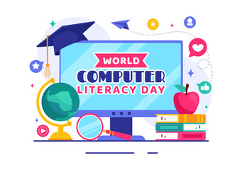 Obraz premium World Computer Literacy Day Vector Illustration on December 2, Featuring Books and Media Equipment to Promote Education in a Flat Style Background
