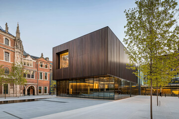 Obraz premium Modern architectural design of a sleek building in an urban setting during early evening