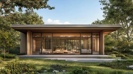 Fototapeta premium Modern minimalist house surrounded by lush greenery in a serene natural setting during daytime