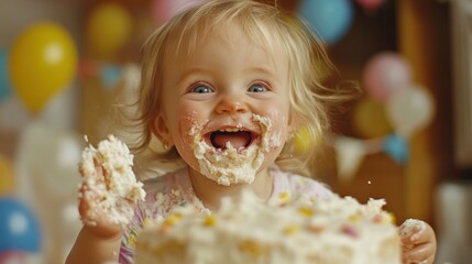 A baby girl with blue eyes and blonde hair smiles with a mouthful of cake frosting.